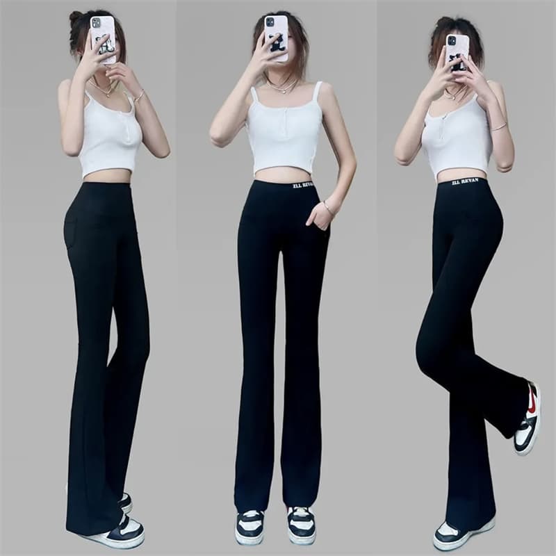 黒パンツ 美脚ストレッチフレアパンツ