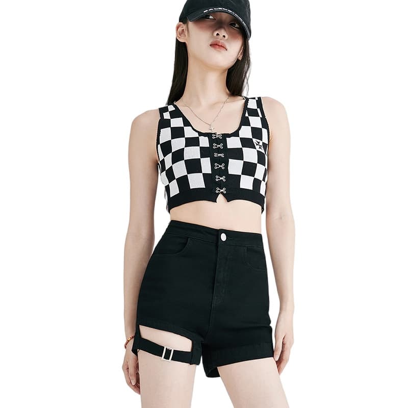 黒パンツ アシンメトリック切替デザインショートパンツ