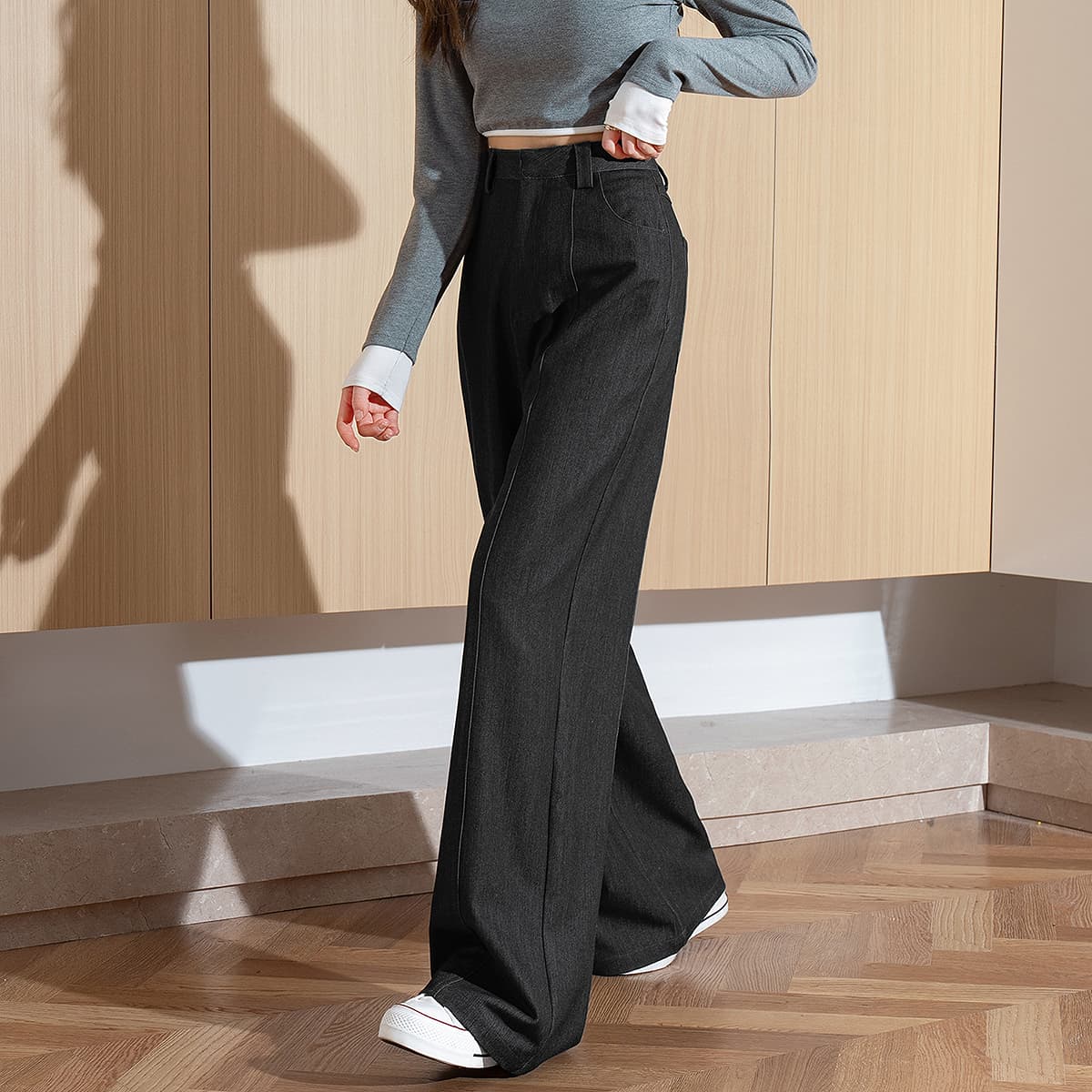 黒パンツ ワイドシルエット高級感ロングパンツ