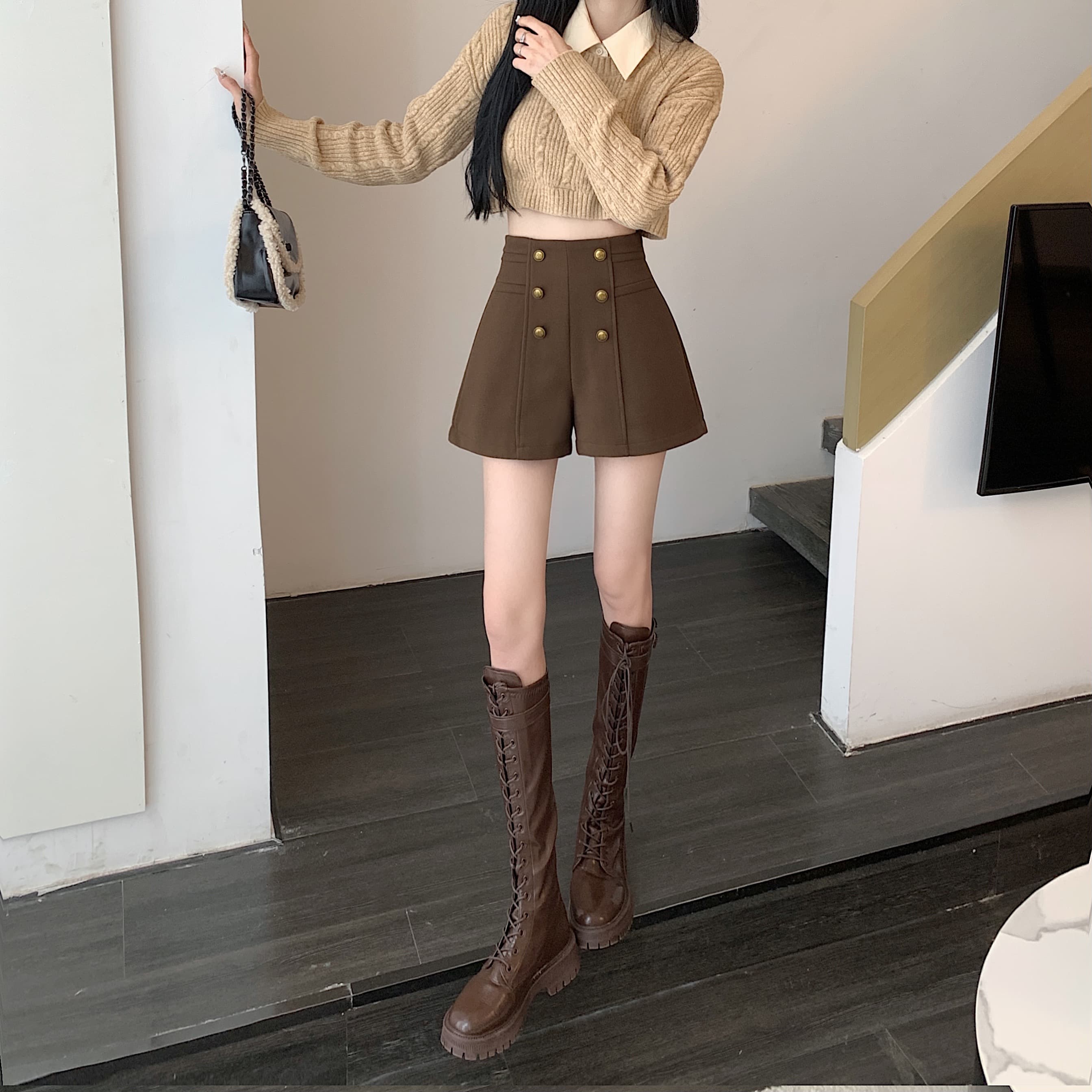 黒パンツ ハイウエスト ミリタリー ショート パンツ