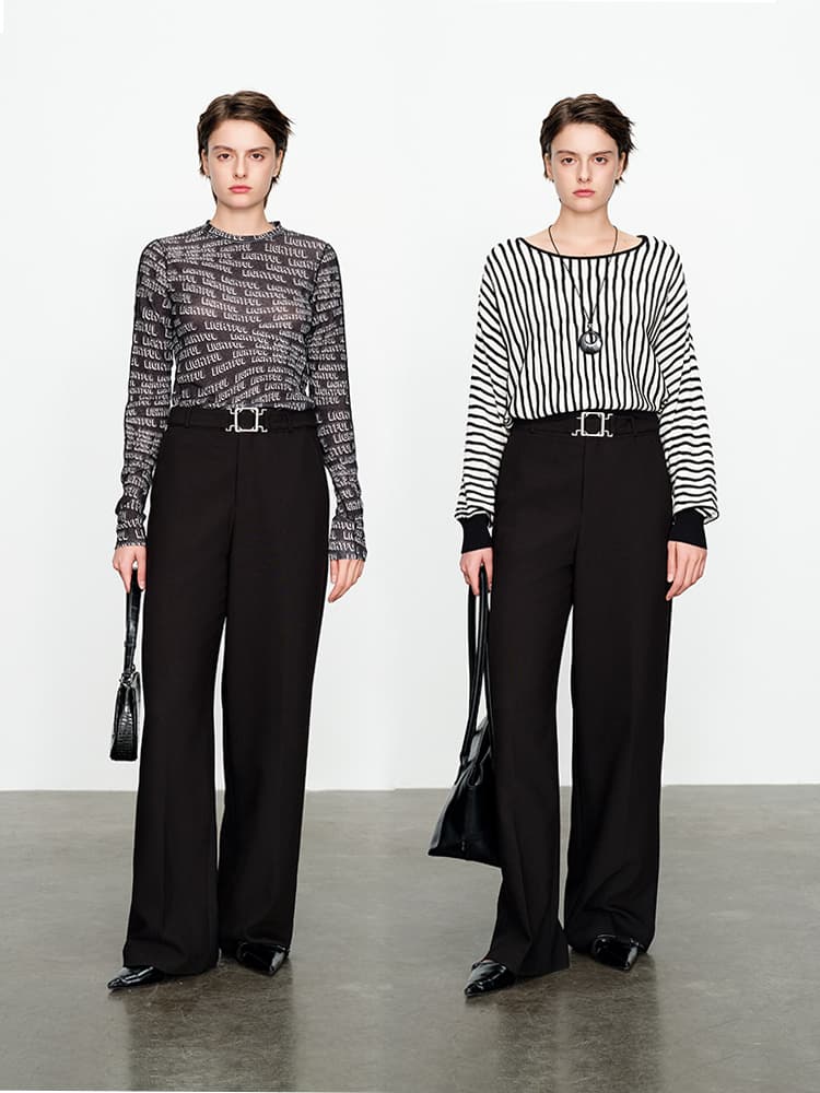 黒パンツ 上品スタイル ワイドシルエット高級感スラックス