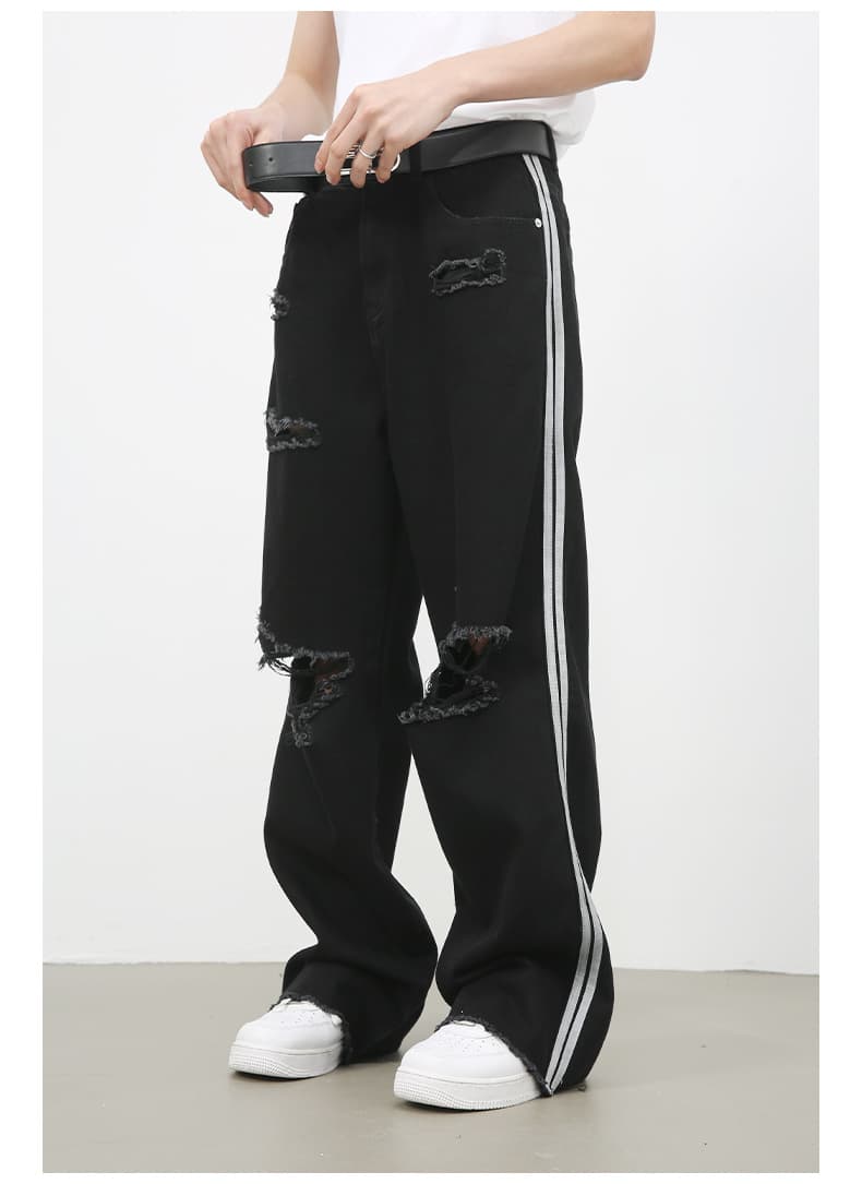 黒パンツ 黒デニム ダメージ加工 ヴィンテージ風 男女兼用 ワイドパンツ