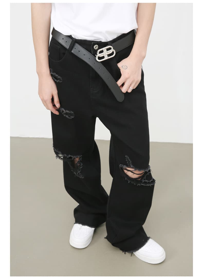 黒パンツ 黒デニム ダメージ加工 ヴィンテージ風 男女兼用 ワイドパンツ