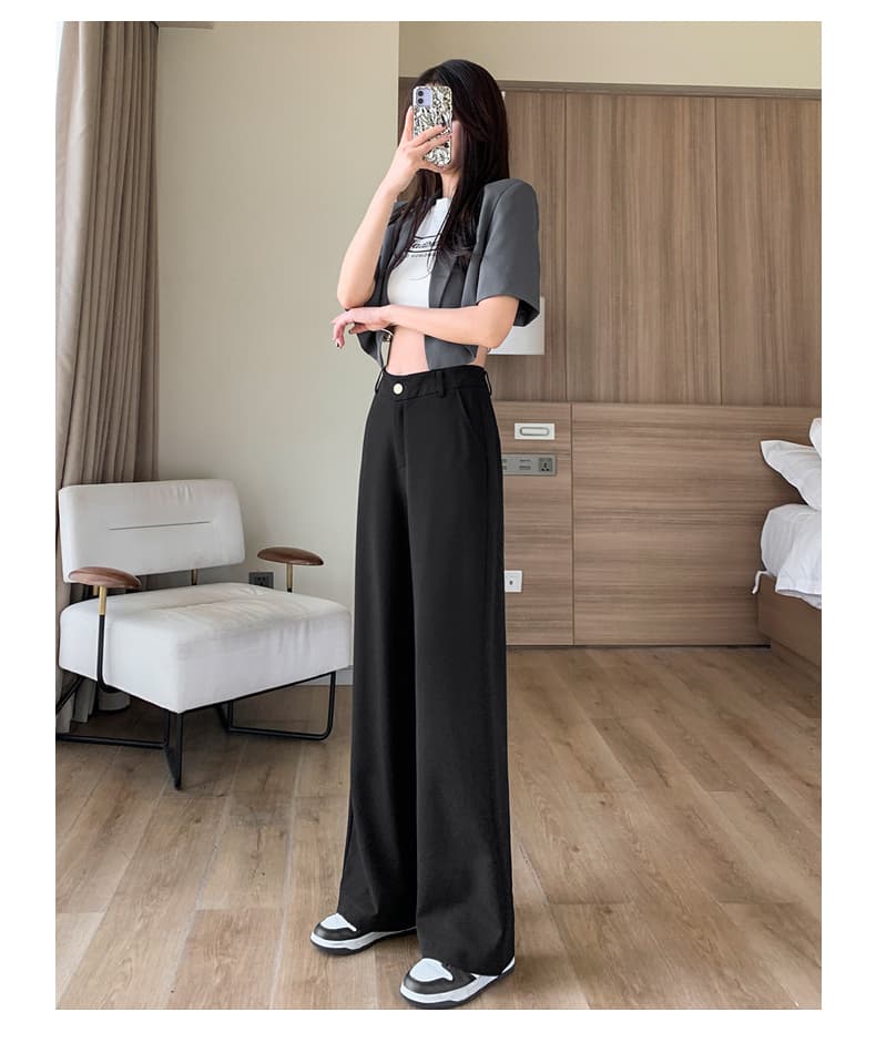 黒パンツ ゆったりシルエット ハイウエストワイドパンツ