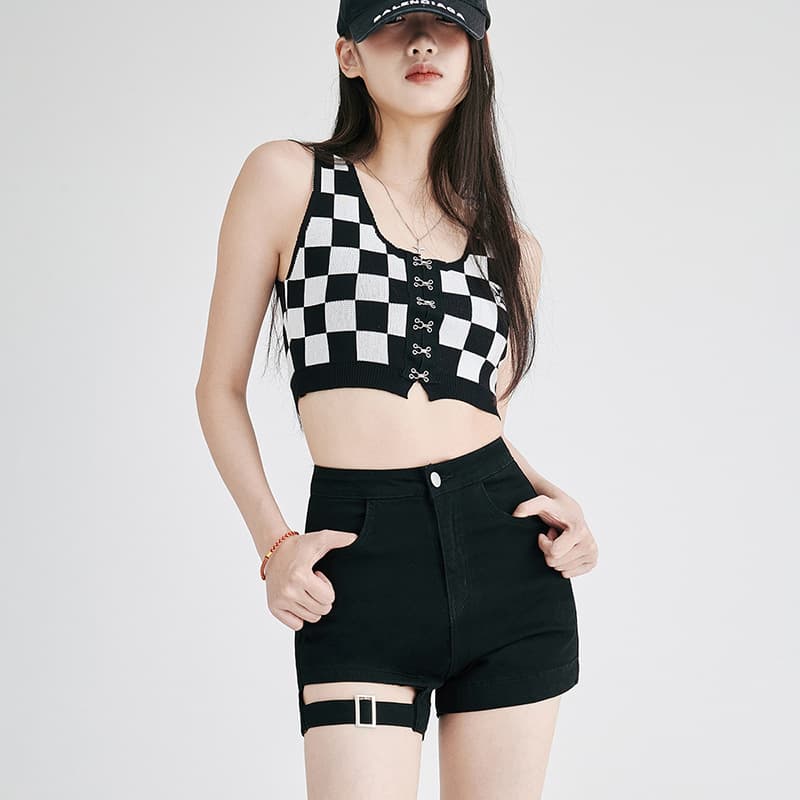 黒パンツ アシンメトリック切替デザインショートパンツ