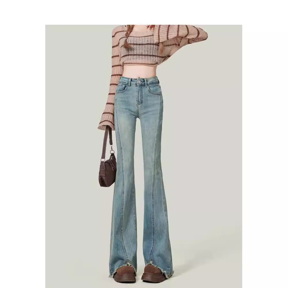 黒パンツ ハイウエストフレアデニムパンツ