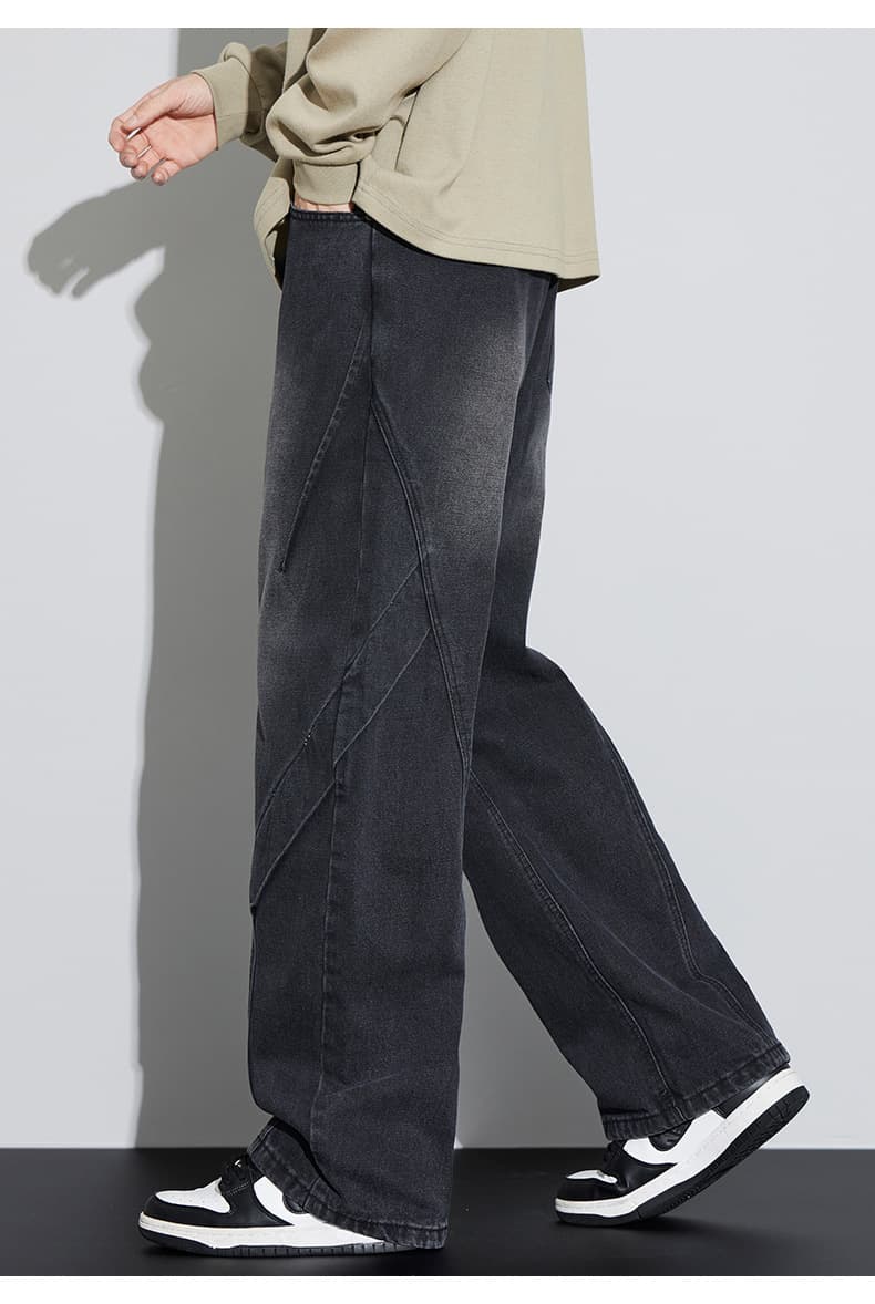 黒パンツ デザインステッチワイドデニムパンツ