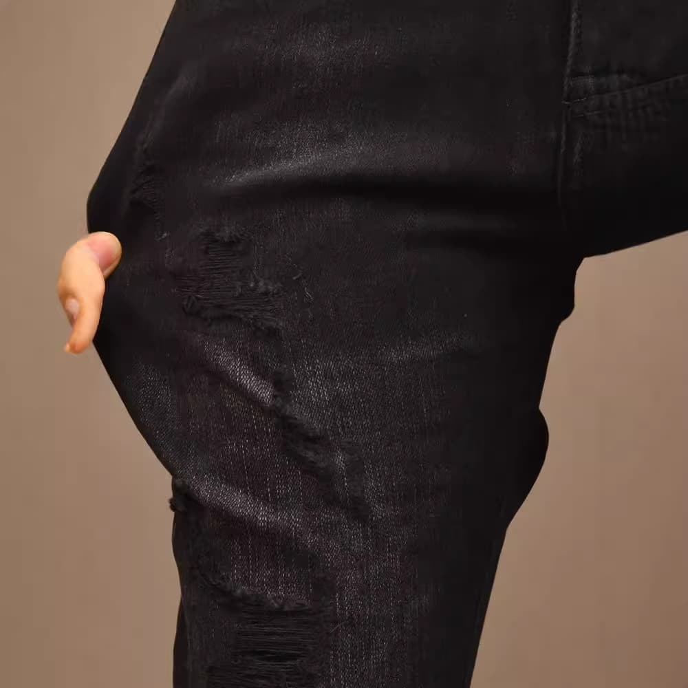 黒パンツ ダメージ加工スリムフィットパンツ