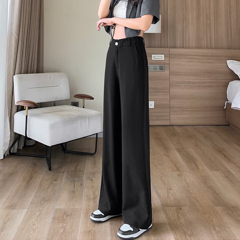 黒パンツ ゆったりシルエット ハイウエストワイドパンツ