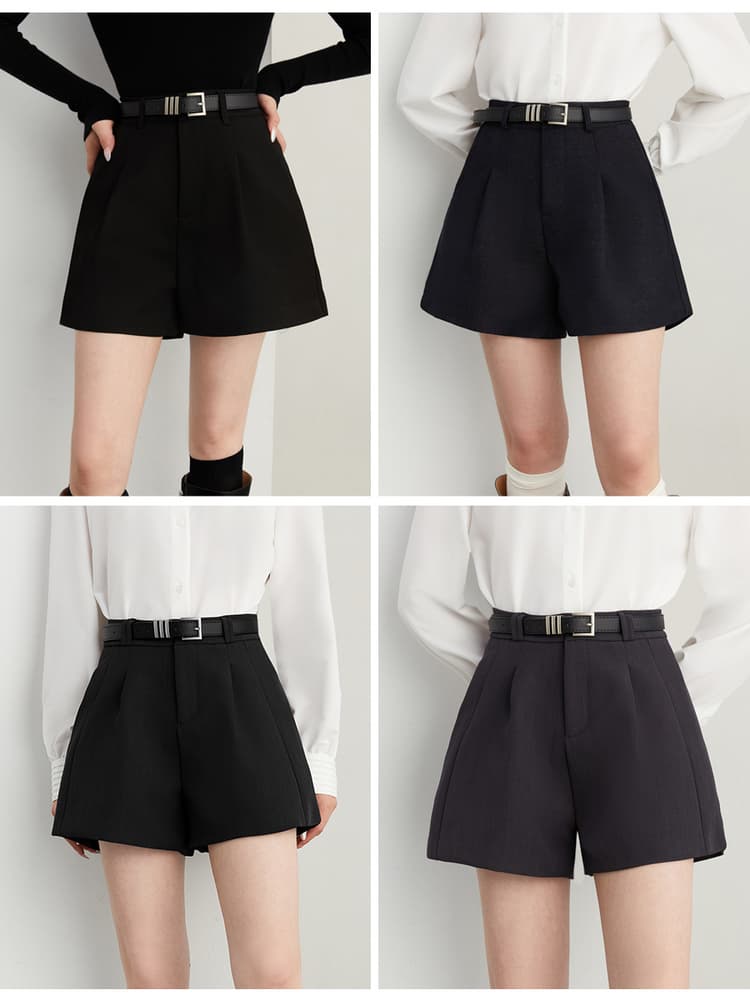 黒パンツ ハイウエストプリーツショートパンツ