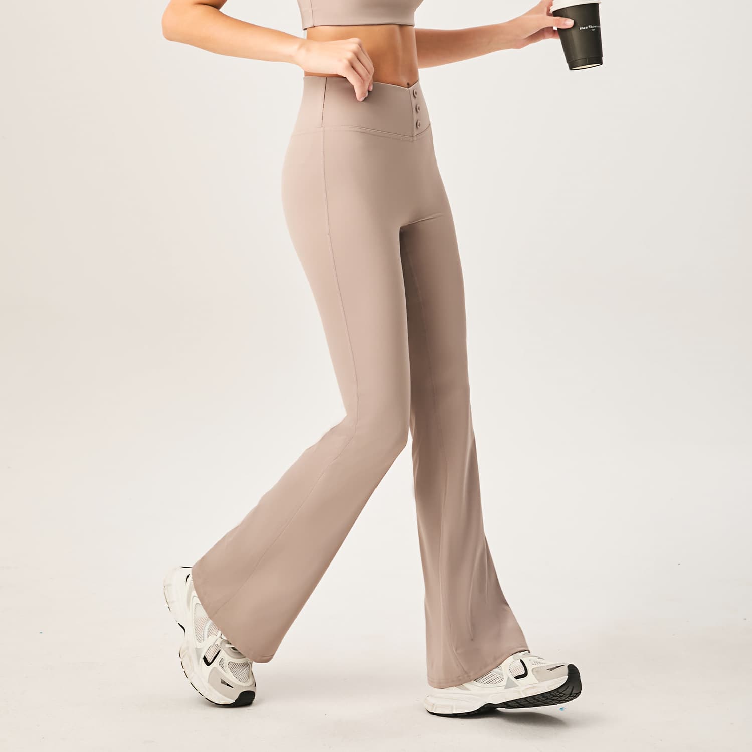 黒パンツ リブニット調フレアパンツ ハイウエスト