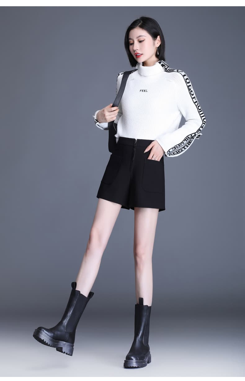 黒パンツ ジッパー付きハイウエストショートパンツ