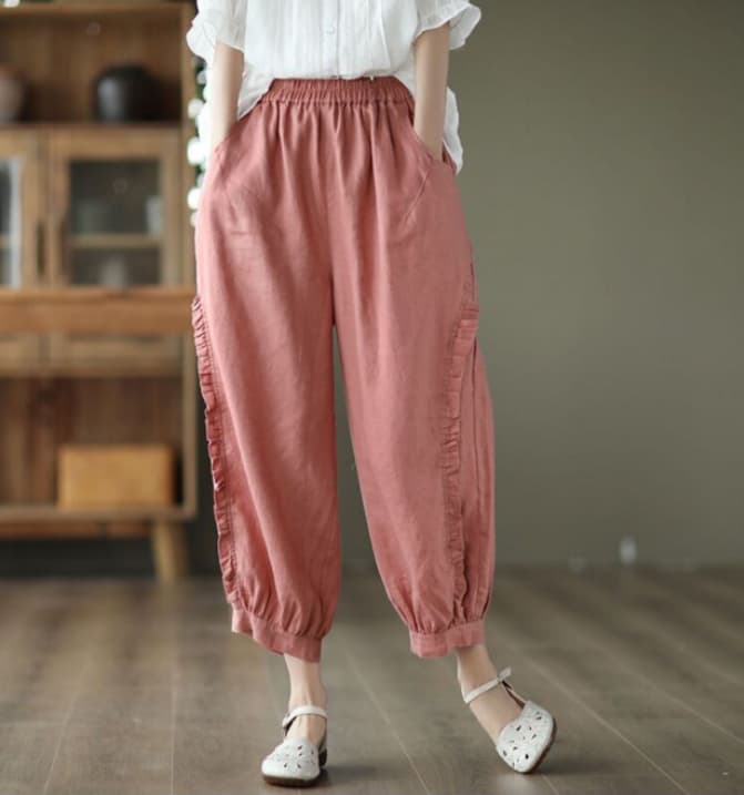 レディース 黒パンツ ワイド ウエストゴム 楽ちん 無地 裾リブ