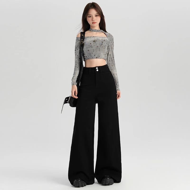 黒パンツ ウルトラワイドハイウエストパンツ