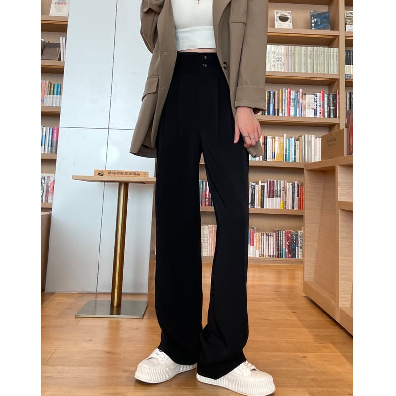 黒パンツ ハイウエストプリーツ ワイドパンツ