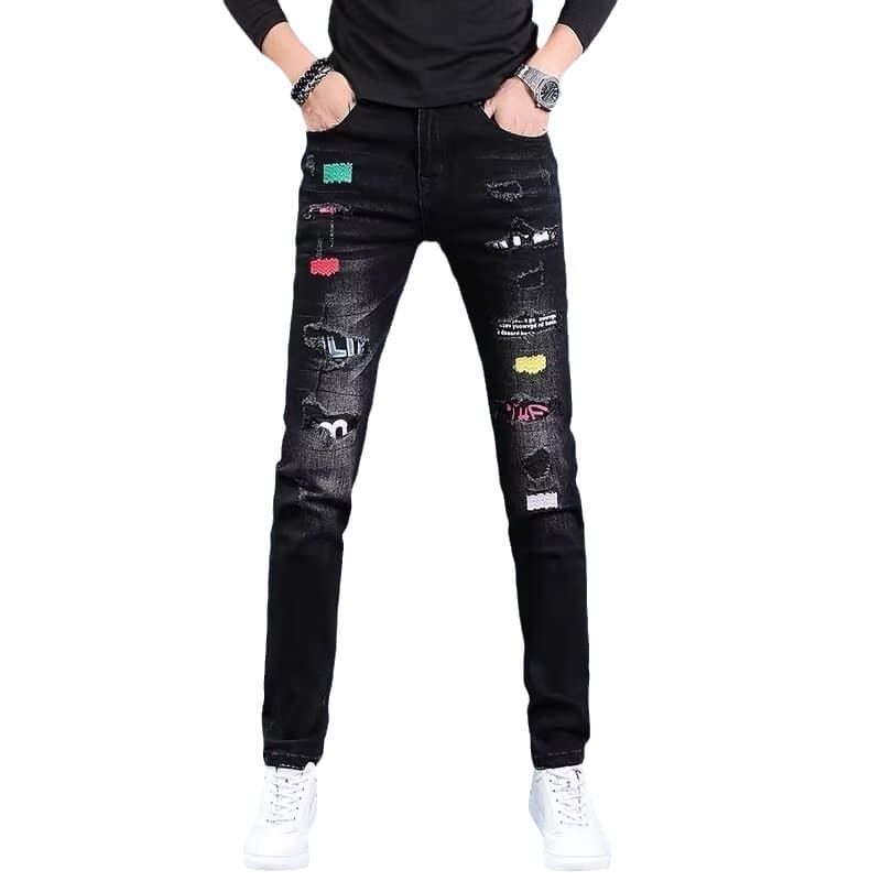 黒パンツ ダメージ加工スキニーデニム