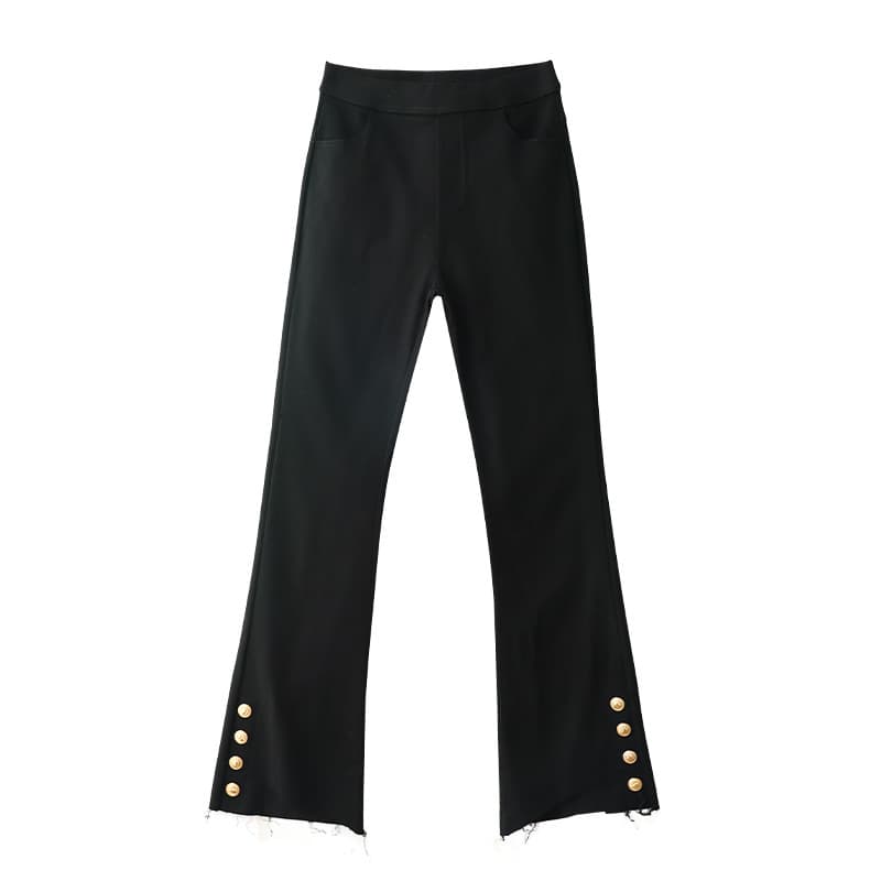 黒パンツ 裾ボタン装飾フレアパンツ