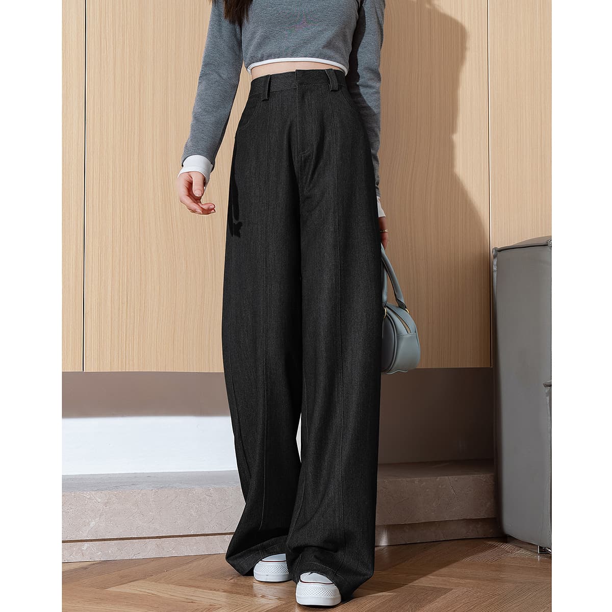 黒パンツ ワイドシルエット高級感ロングパンツ