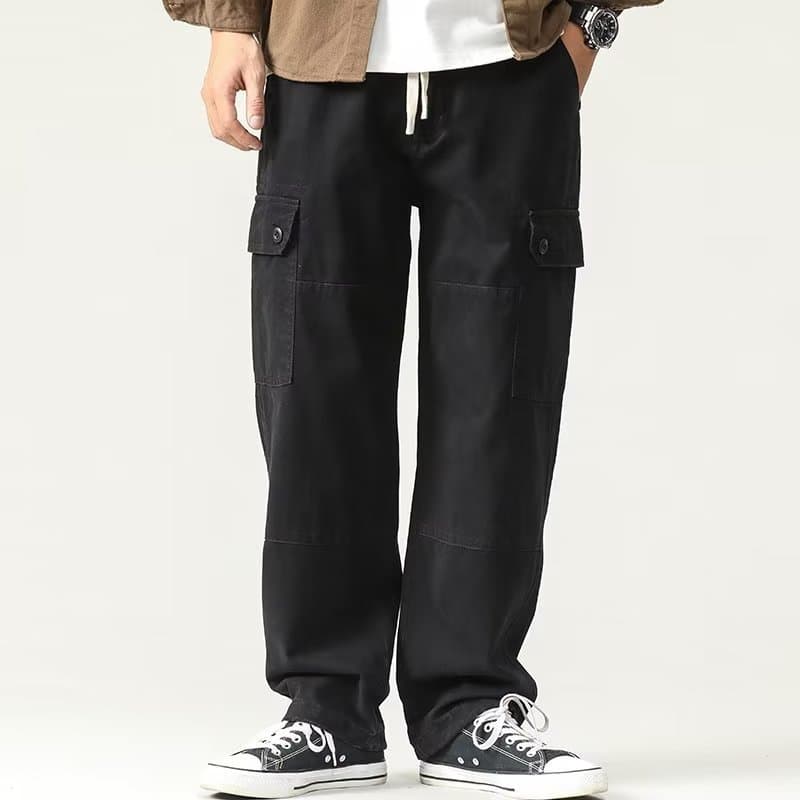 黒パンツ ゆったり実用的多機能ポケットパンツ