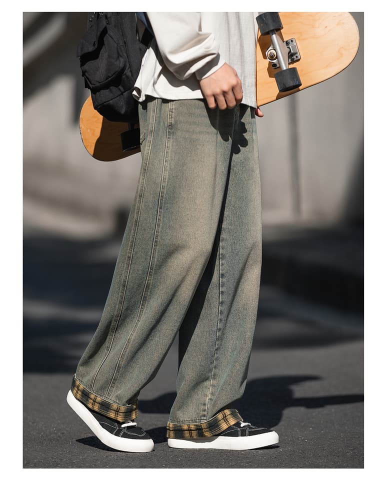 黒パンツ ゆったりストレートデニムパンツ