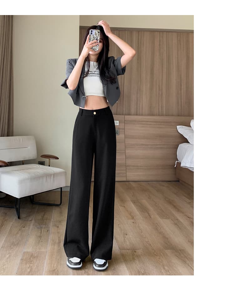 黒パンツ ゆったりシルエット ハイウエストワイドパンツ