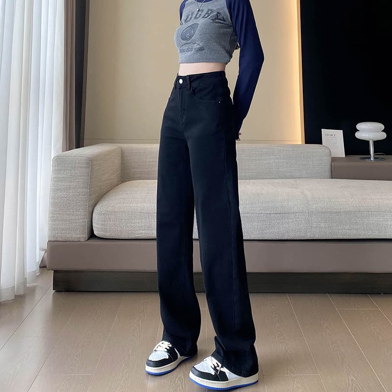 黒パンツ 美脚効果抜群 ワイドデニムパンツ