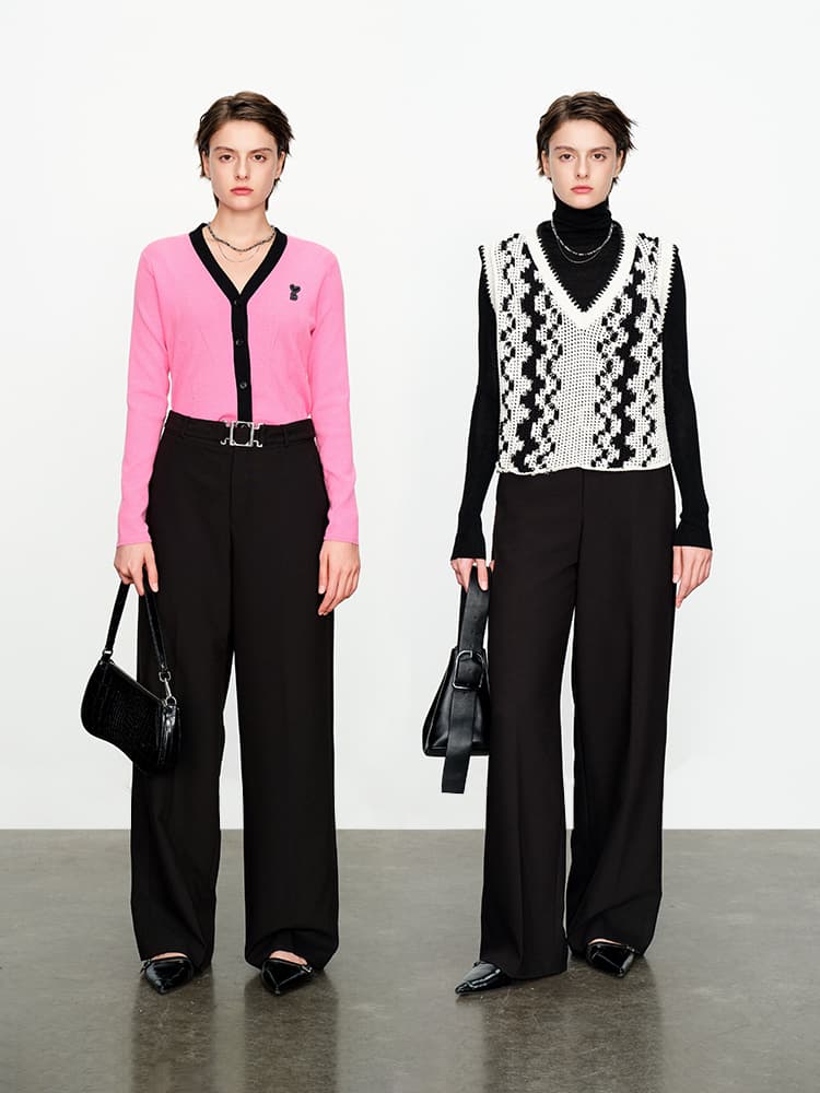 黒パンツ 上品スタイル ワイドシルエット高級感スラックス