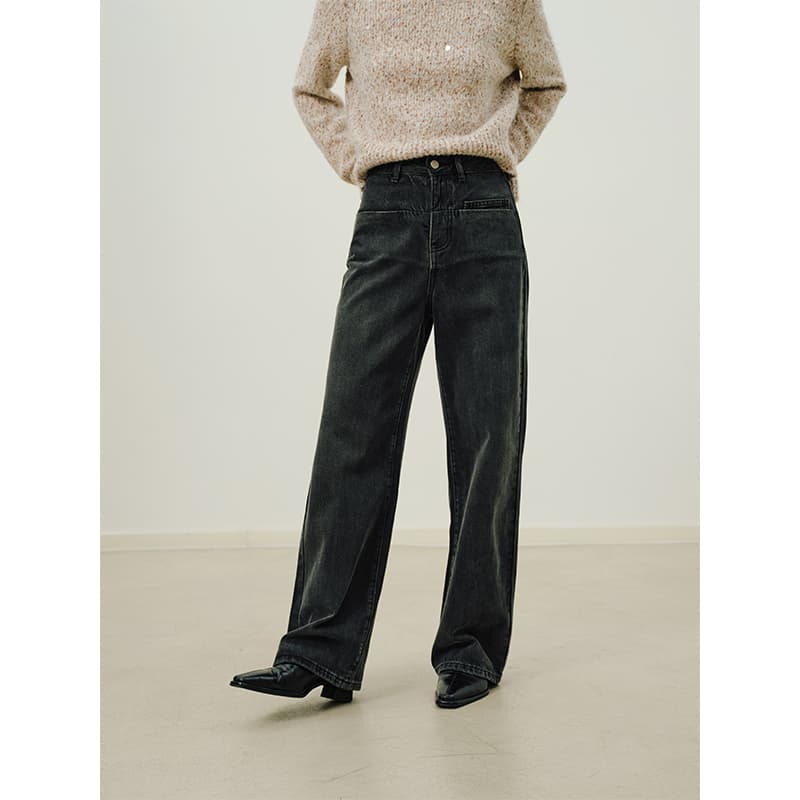 黒パンツ ストレートデニムワイドパンツ