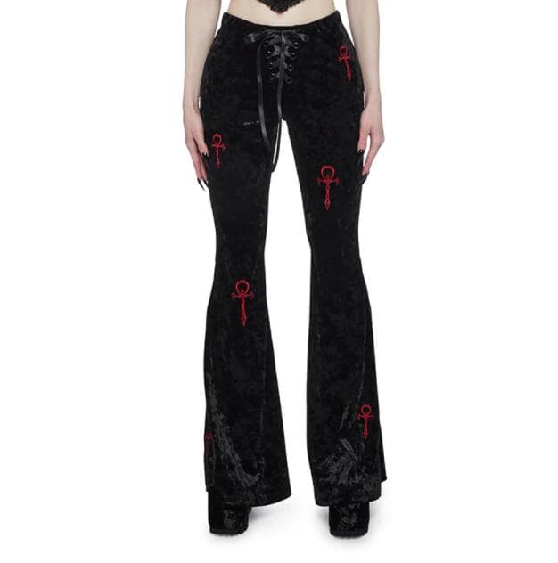 黒パンツ ベルベット調フレアパンツ ゴシック刺繍デザイン