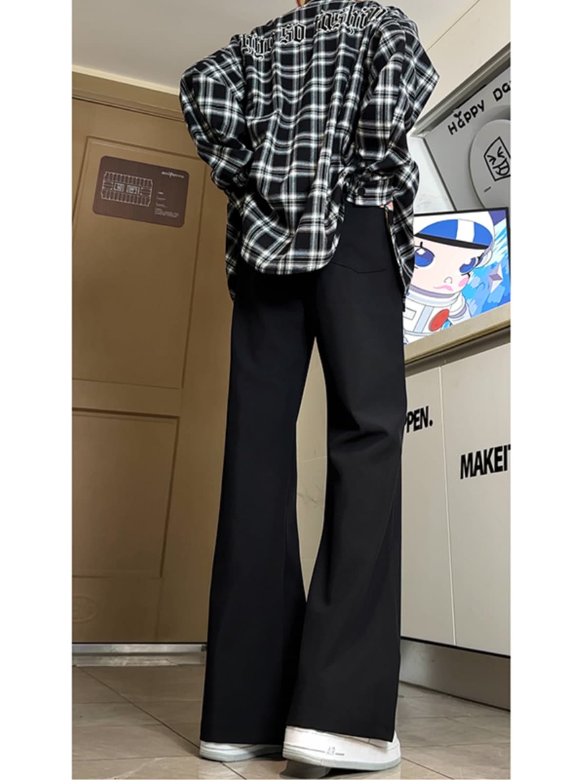 黒パンツ 細身ワイドフレアパンツ