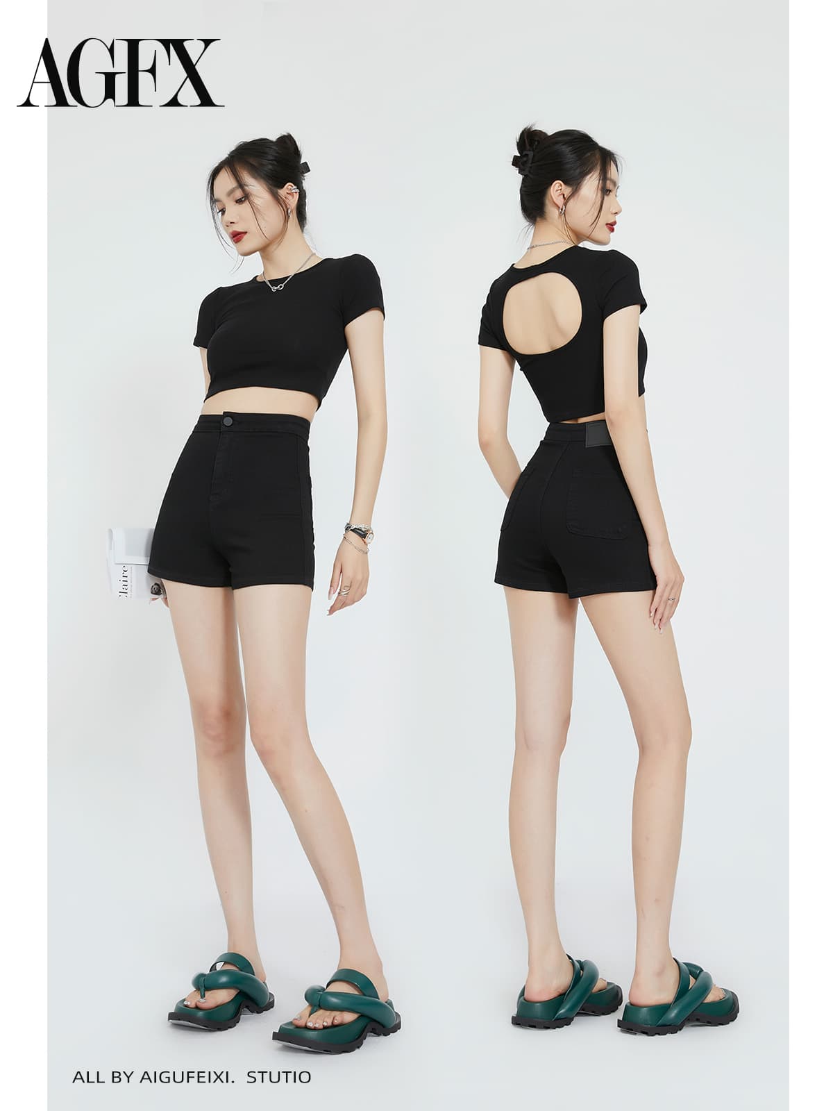 黒パンツ ハイウエストショートパンツ