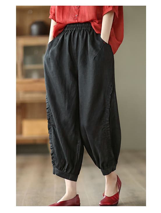 レディース 黒パンツ ワイド ウエストゴム 楽ちん 無地 裾リブ