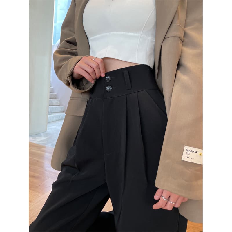 黒パンツ ハイウエストプリーツ ワイドパンツ