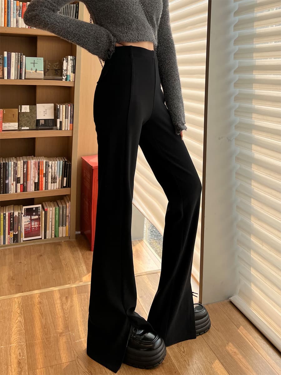 黒パンツ 美シルエットハイウエストフレアパンツ