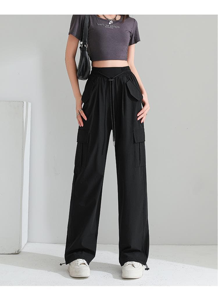 黒パンツ ドローコード付きストレートカーゴパンツ