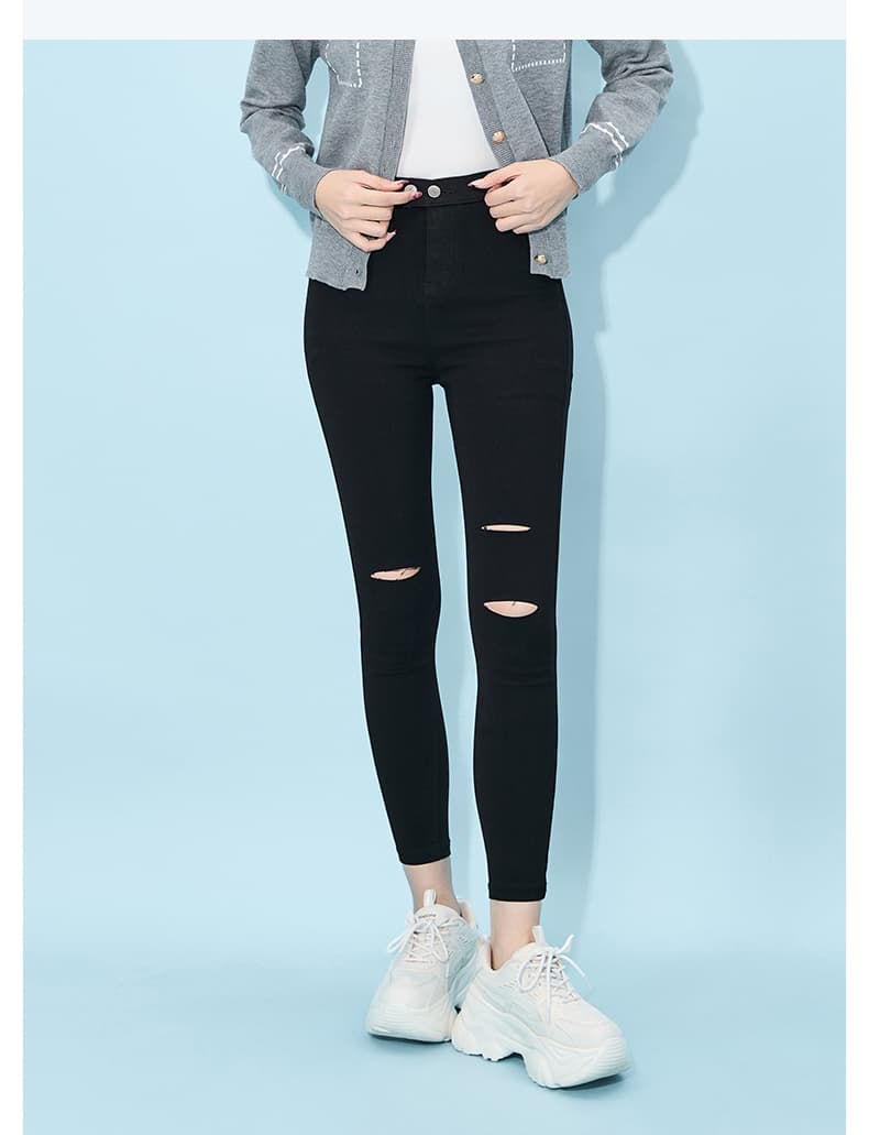 美脚黒パンツ ダメージ加工高腰細身 スキニー