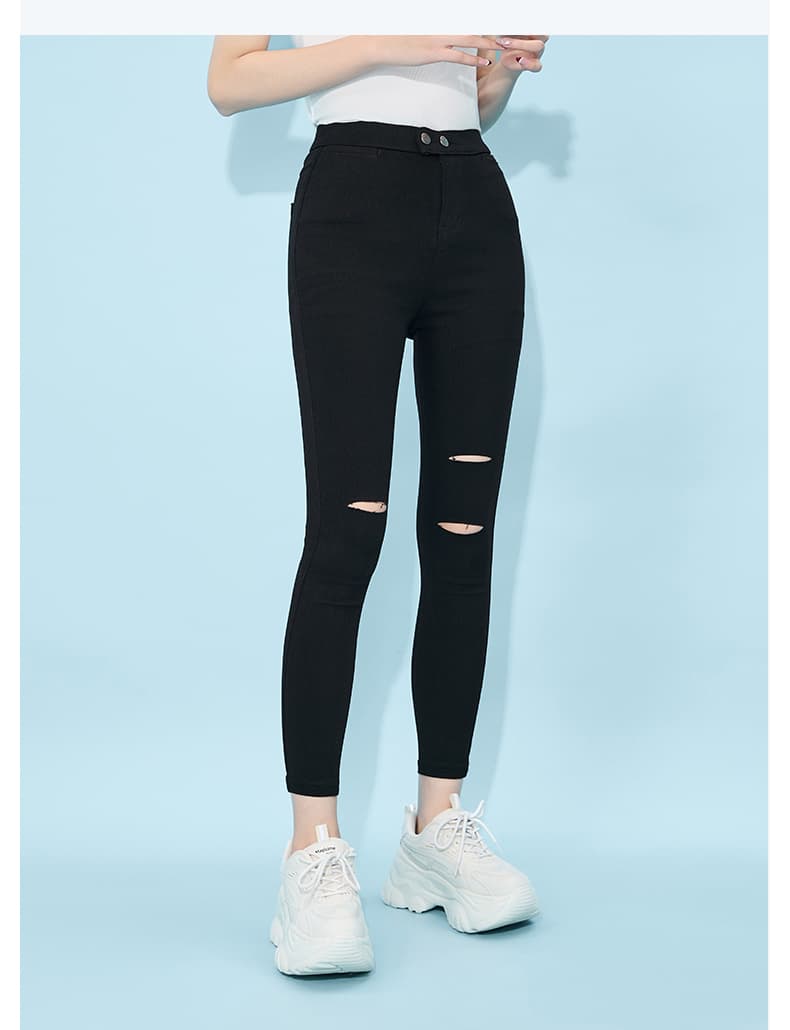 美脚黒パンツ ダメージ加工高腰細身 スキニー