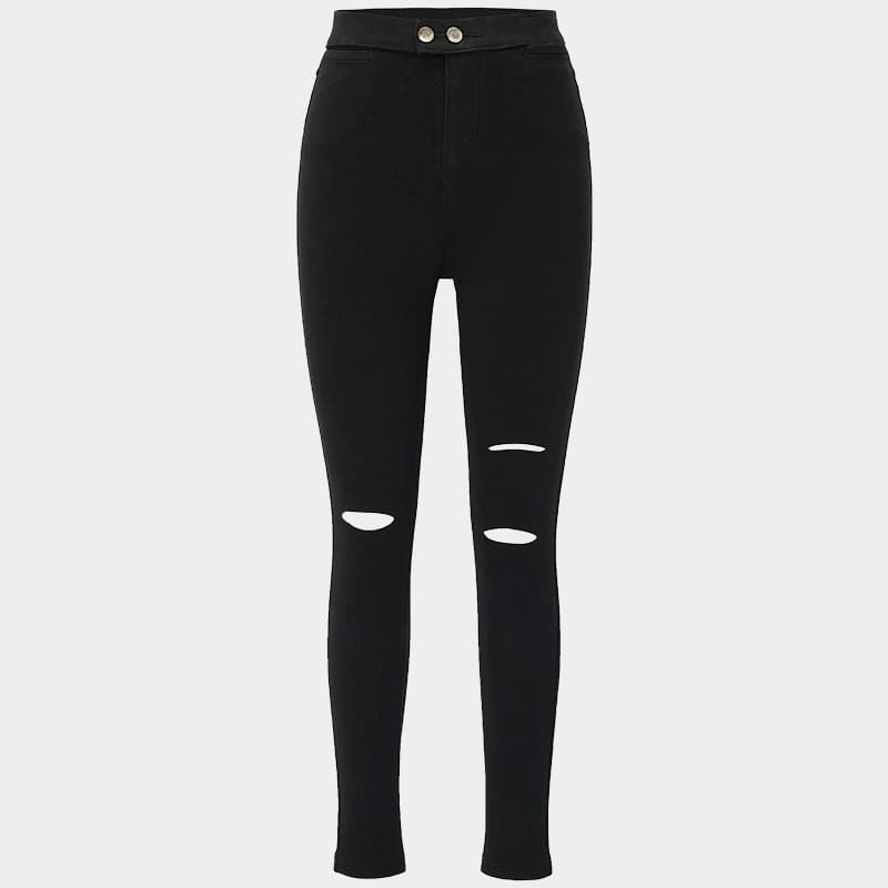 美脚黒パンツ ダメージ加工高腰細身 スキニー