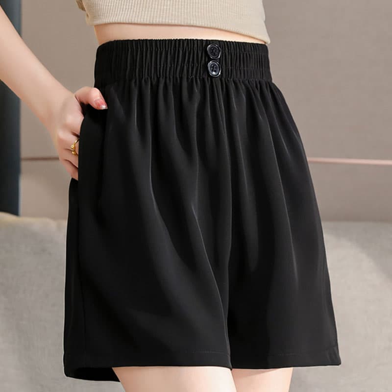 黒パンツ ゆったりウエストゴム シンプルショートパンツ