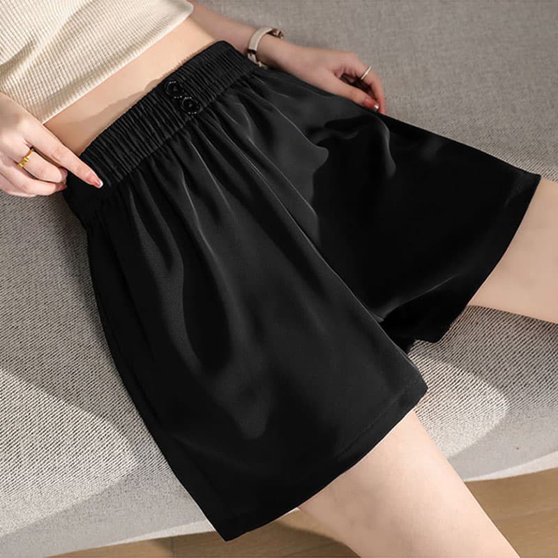 黒パンツ ゆったりウエストゴム シンプルショートパンツ