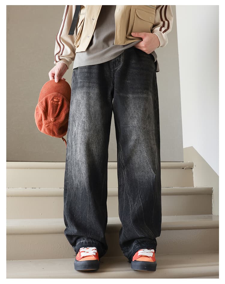黒パンツ ヴィンテージ加工デニムワイドパンツ