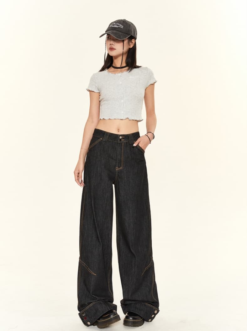 黒パンツ ストリート系スタイリッシュワイドパンツ
