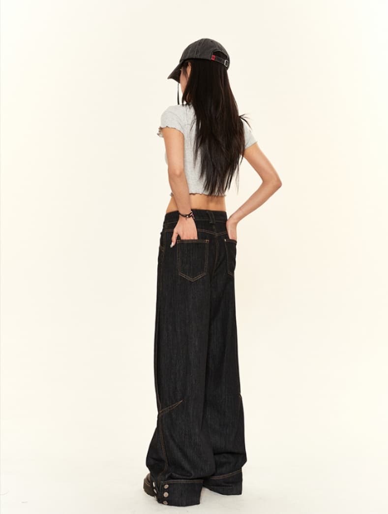 黒パンツ ストリート系スタイリッシュワイドパンツ