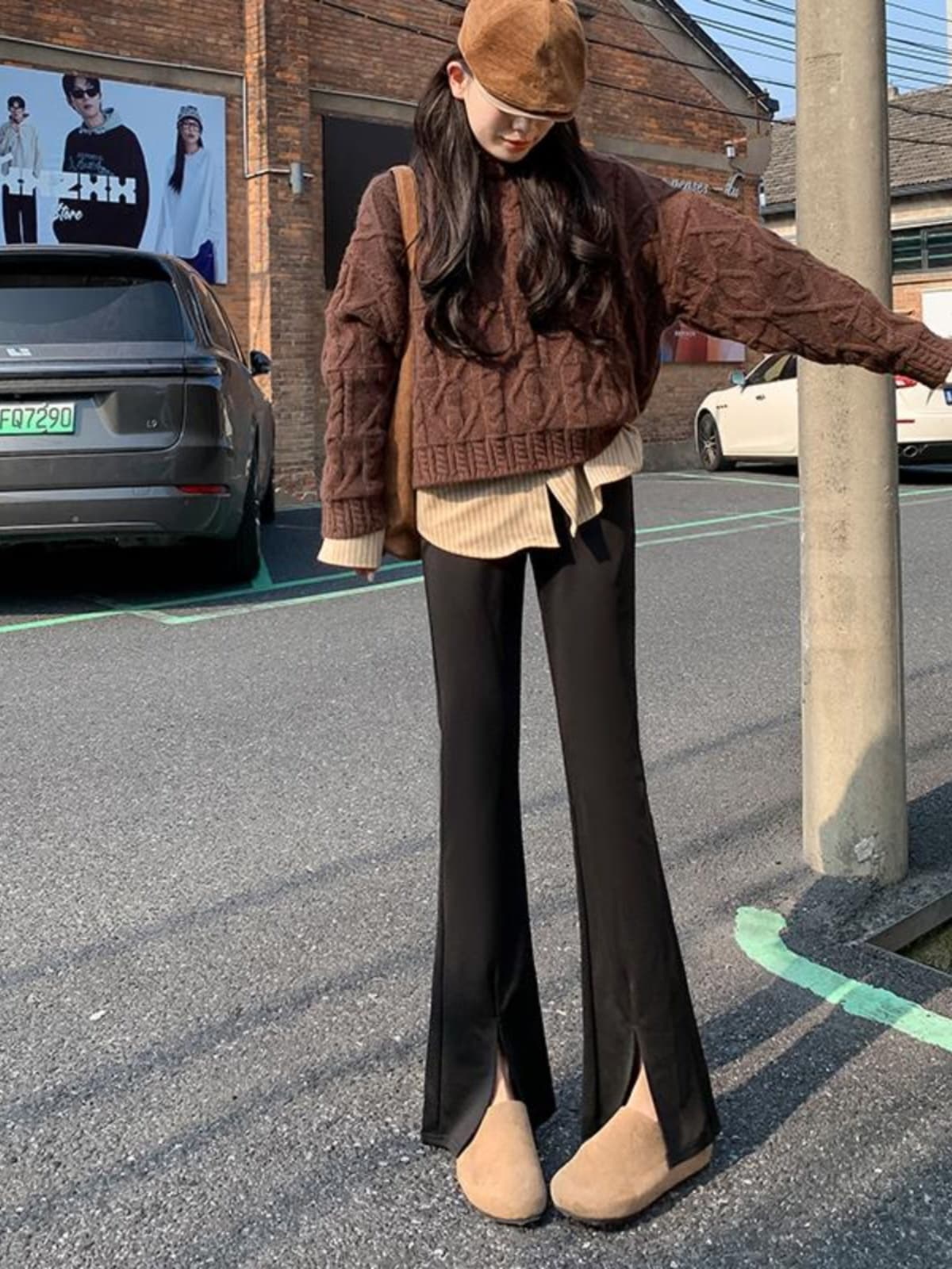 黒パンツ ワイドフレアパンツ 美脚ルーズシルエット