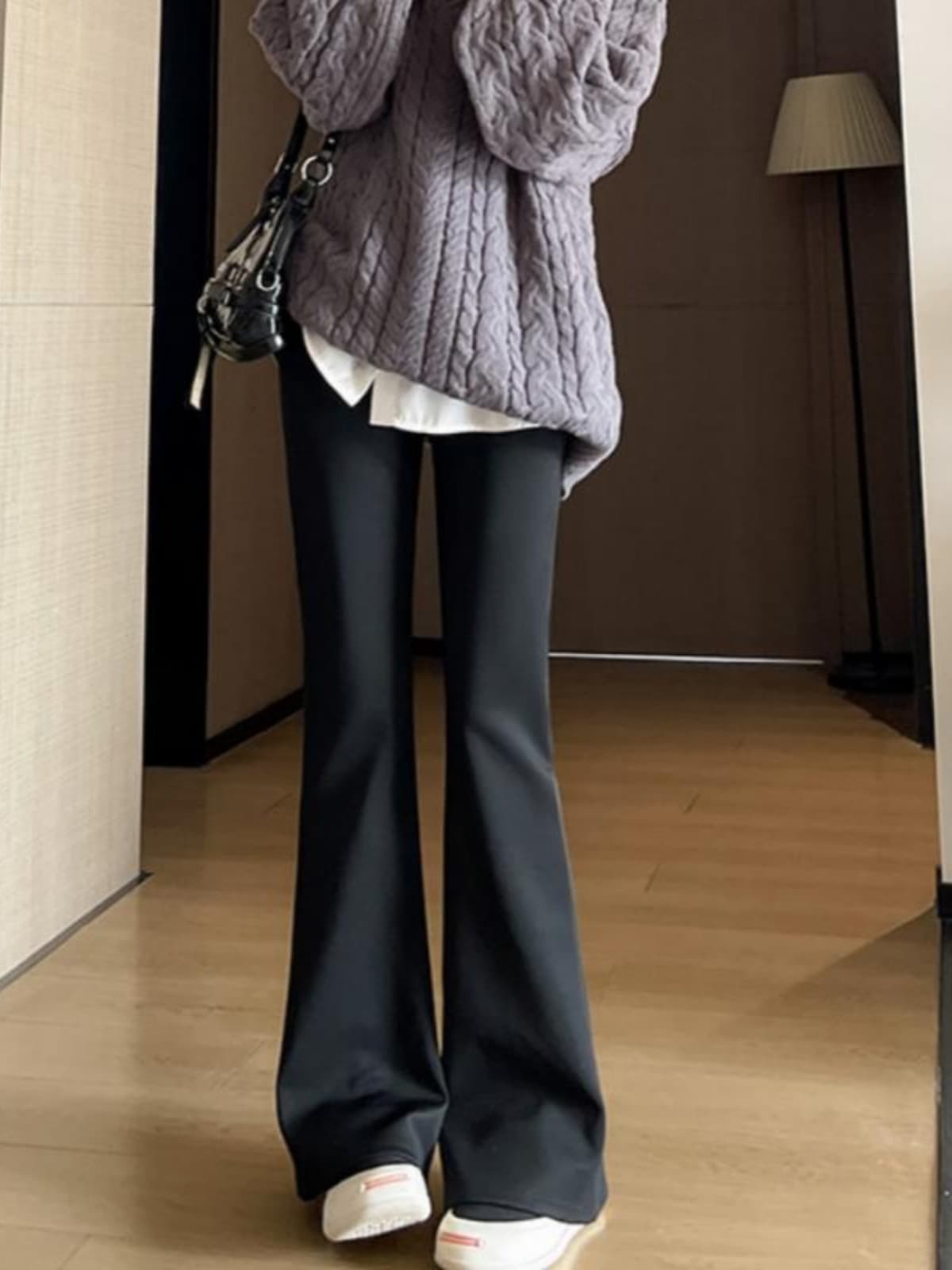 黒パンツ ワイドフレアパンツ 美脚ルーズシルエット