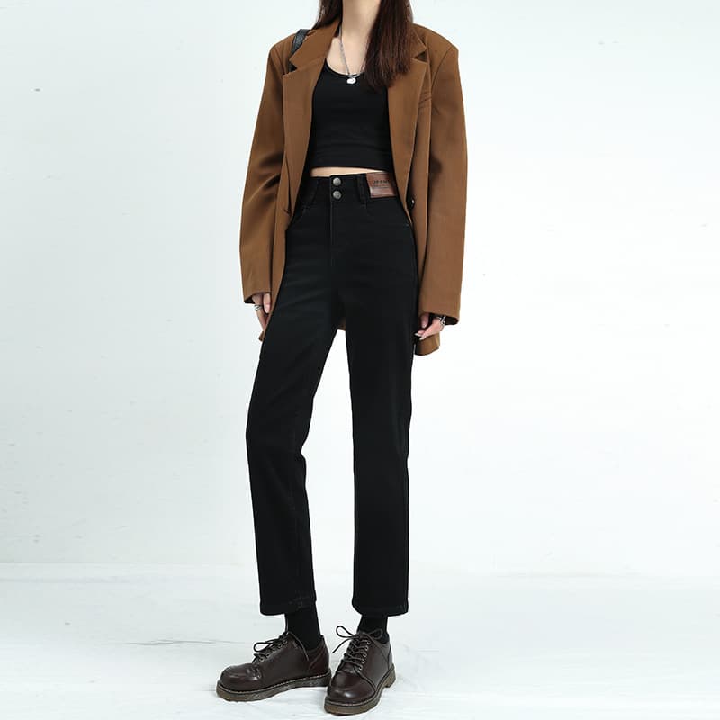 黒パンツ ストレートハイウエストスラックス