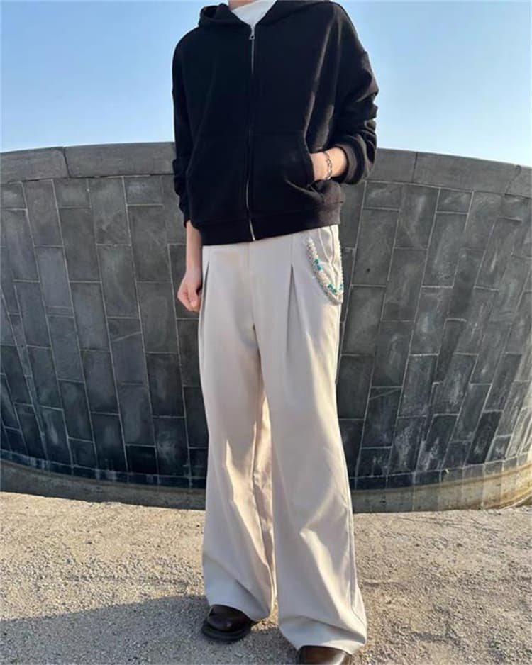 黒パンツ リネン混ゆったりワイドパンツ