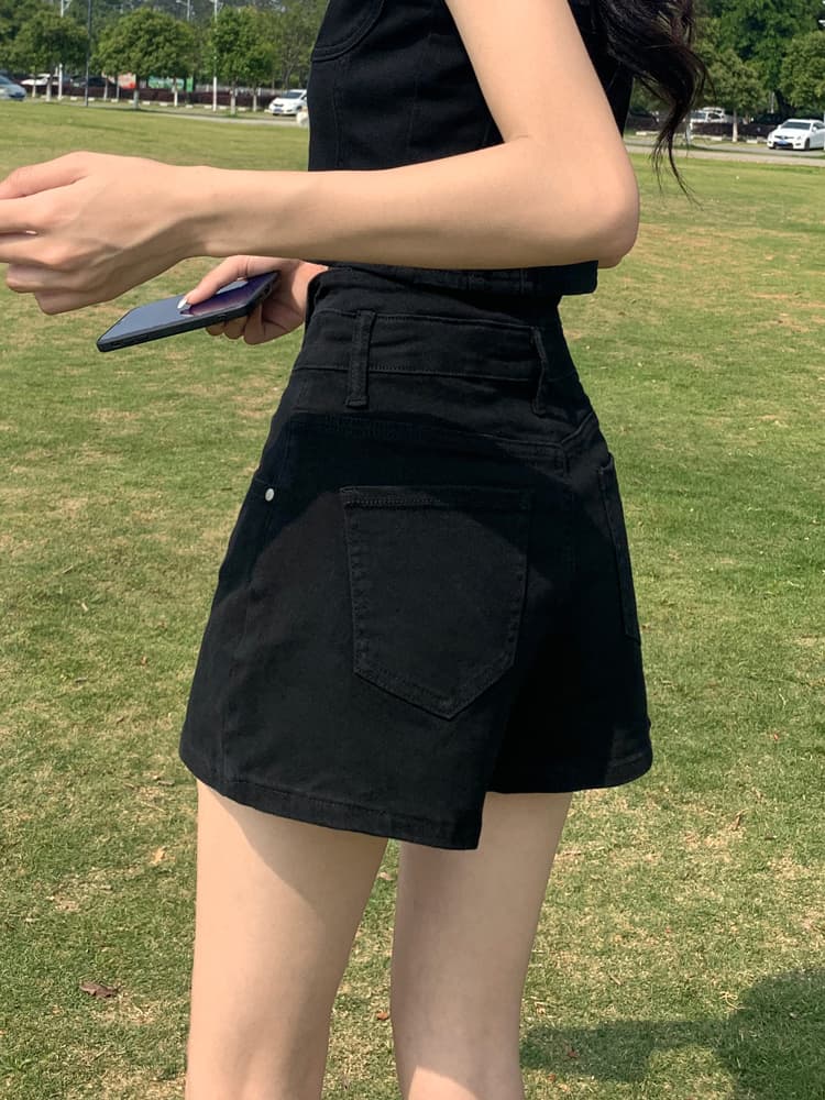 黒パンツ ハイウエスト デニム ショートパンツ