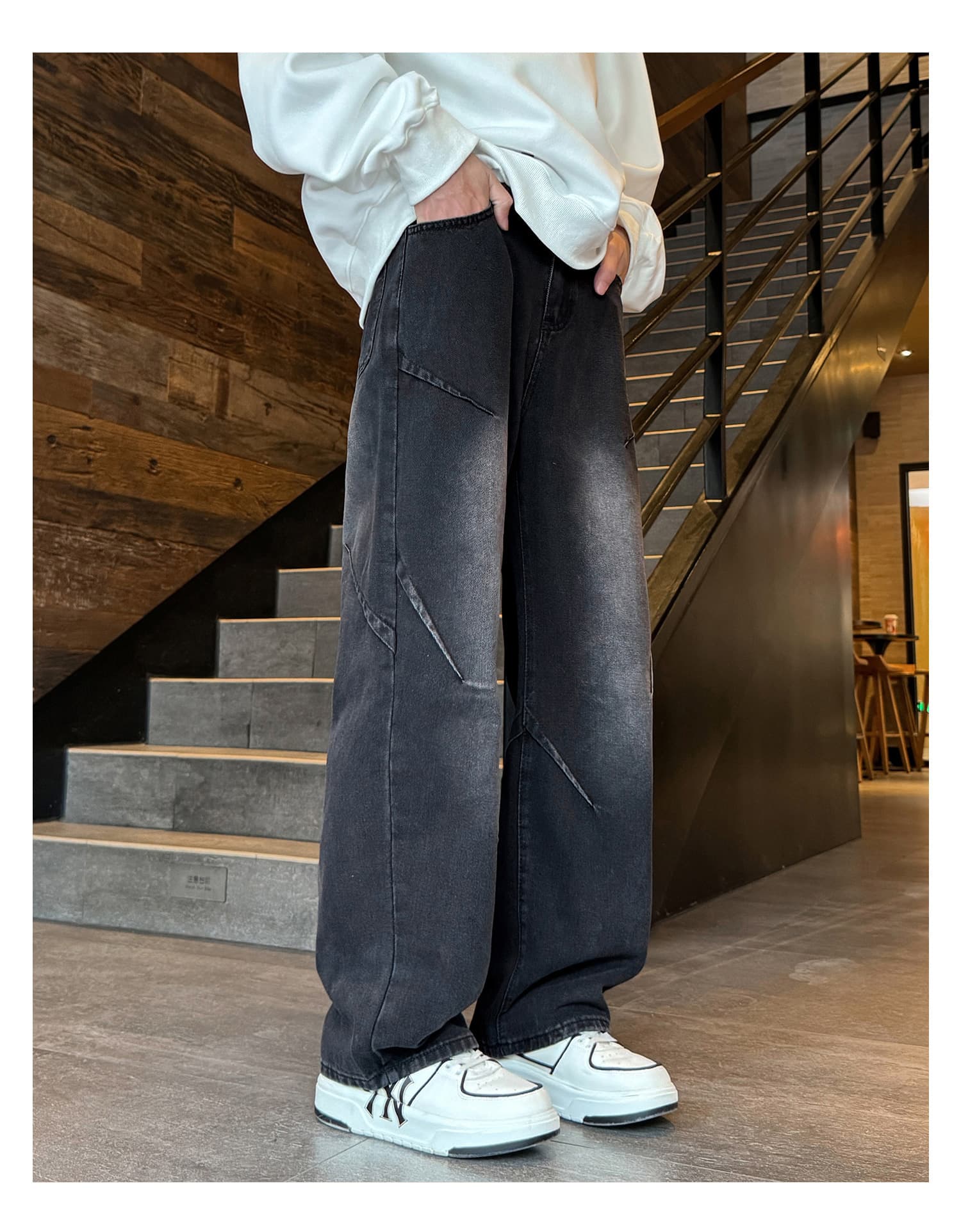 黒パンツ 切替デザイン ワイドデニムパンツ