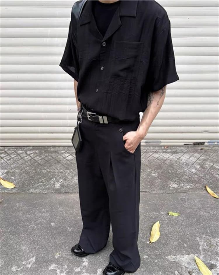 黒パンツ リネン混ゆったりワイドパンツ